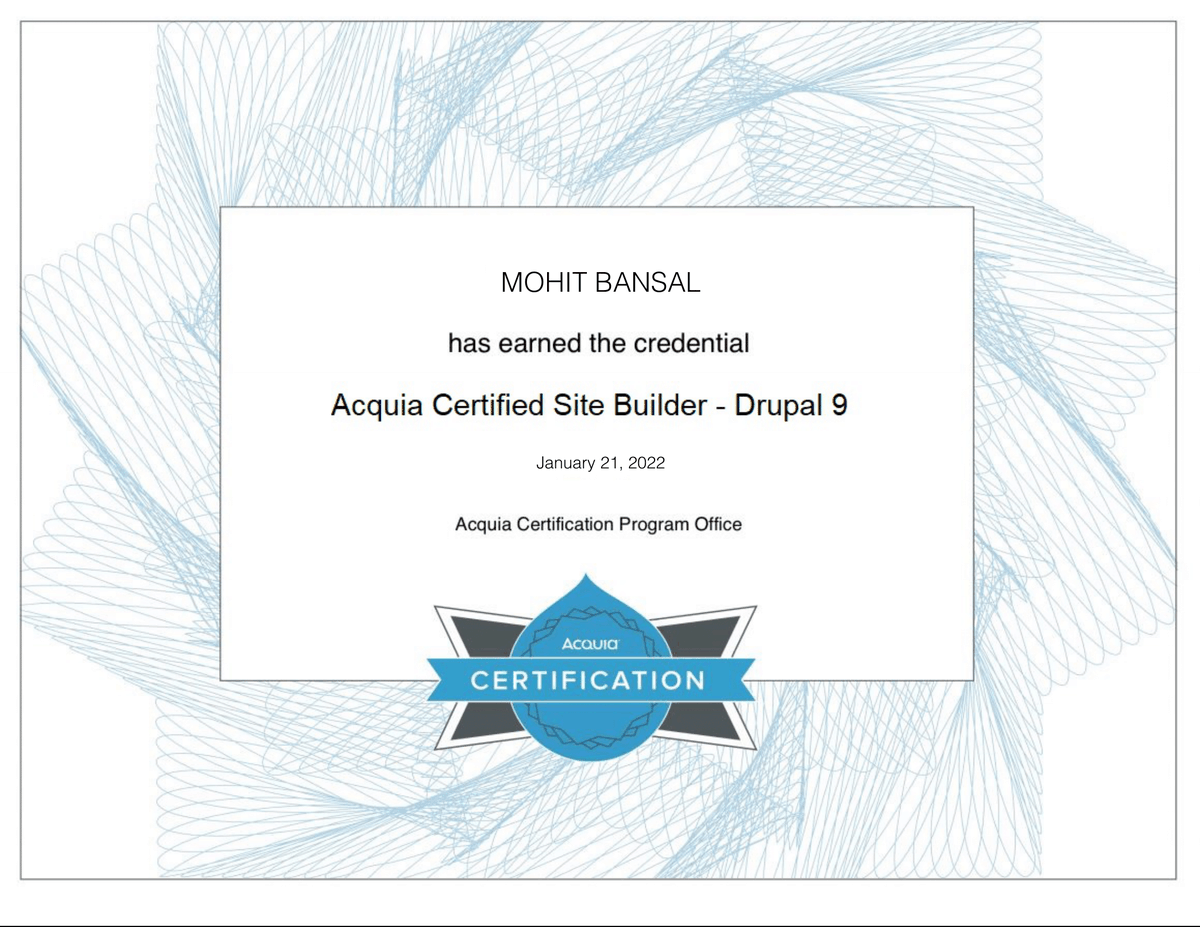 axelerant's tweet image. &quot;The paper was a tricky one, and to be successful at it, it was important to apply both practical and project experience.&quot;

Along with being great at playing the guitar, our #DrupalEngineer, Mohit is now an @acquia certified site builder as well. 😍👏