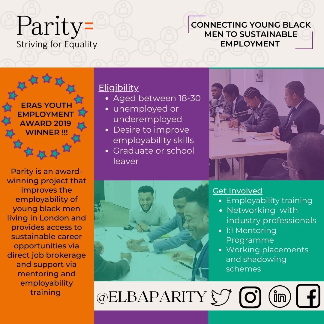 @ELBAParity seeks to improve the #employability and #employment outcomes of #YoungBlackMen living in #London by utilising the #skills and expertise of corporate volunteers from companies such as @Nomura, @Statestreet, @Barings and more. Thank you to all Parity supporters!