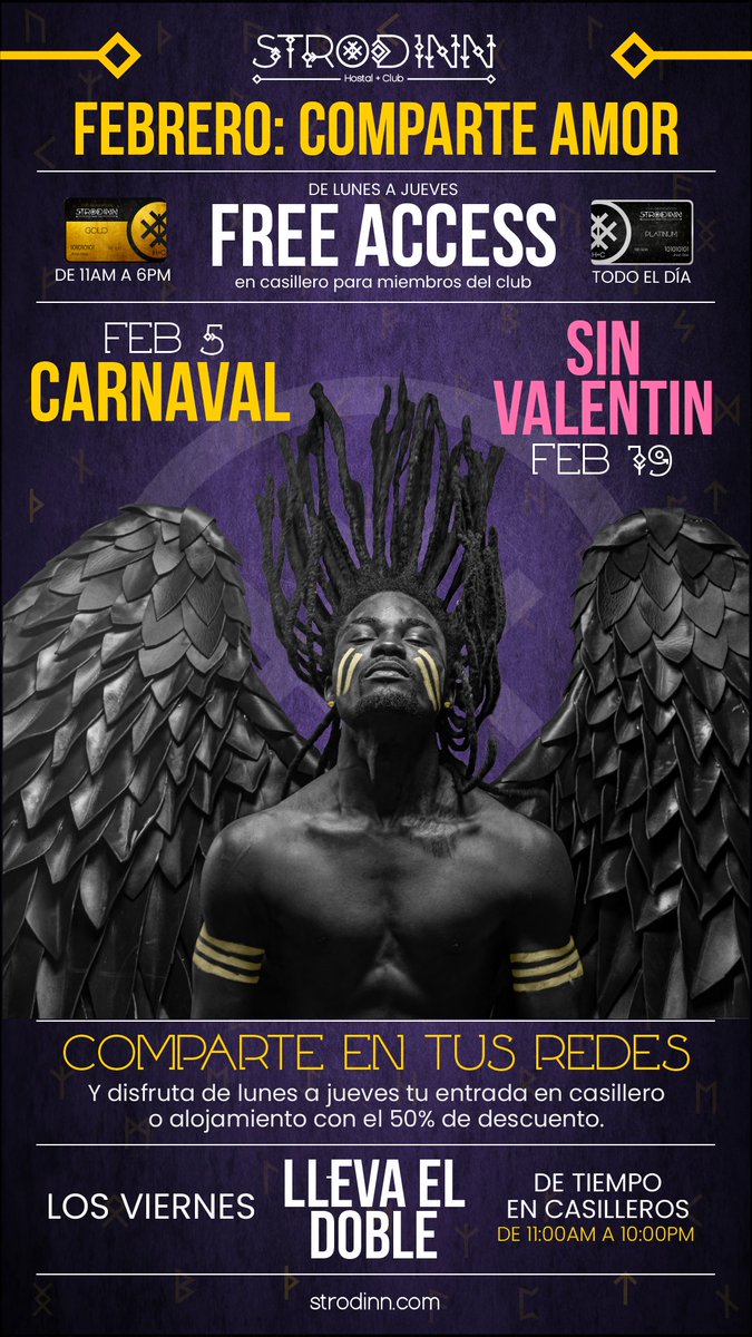BogotaGayEvents's tweet photo. Febrero llegó pero la #TemporadaTierra ᛒ de @Strodinn aún no acaba🪓

Ven a disfrutar de #FreeAccess que tenemos para miembros del club, adquiriendo tu membresía en https://t.co/FLrnQixFQG 🏹

Feb 5 #CARNAVAL 🪶
Feb 19 #SinValentin ❤️‍🩹 

#QueRicoStrodinn⚔️ https://t.co/iw6nCidtG0