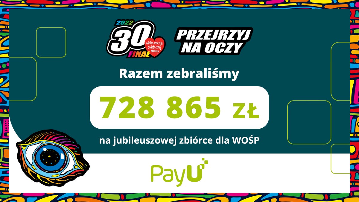 Dziękujemy za udział w zbiórce #PayUdlaWOSP. Do wpłat internautów dołożyliśmy 200 000 złotych, co daje łącznie 7️⃣ 2️⃣ 8️⃣  8️⃣ 6⃣ 5️⃣ zł! Cała zebrana kwota zostanie przeznaczona na zakup sprzętu do diagnostyki i leczenia wzroku u dzieci. 👁👓👉 payudlawosp.pl.