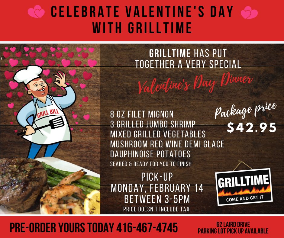♥️ Celebrate Valentine's Day with GRILLTIME ♥️ Order deadline is Thursday, February 10th.  Pick up is Monday February 14th between 3-5pm.