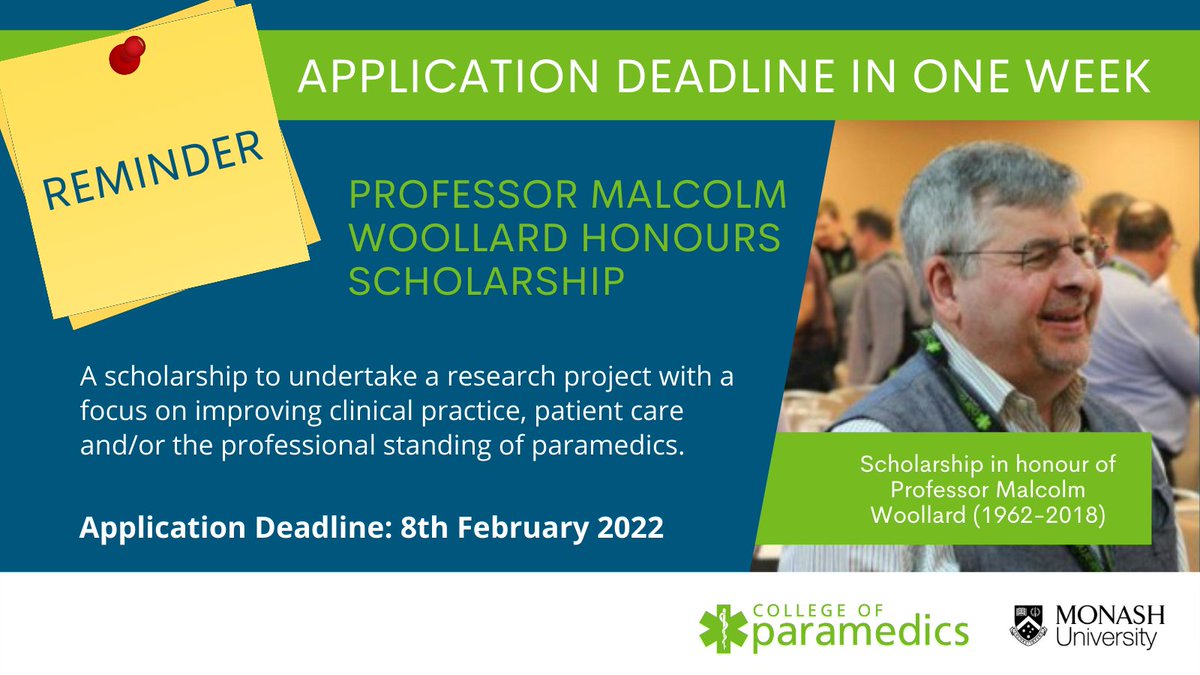 ParamedicsUK's tweet photo. โ REMINDER - 1 week until deadline for FULL members of @ParamedicsUK to apply for Professor Malcolm Woollard Honours Scholarship, to undertake a research project enrolled with @monash_para & the College. More info ๐ https://t.co/wbDQG5pNnn
#ParaResearch #ParamedicEducators https://t.co/PN4EeAezJx