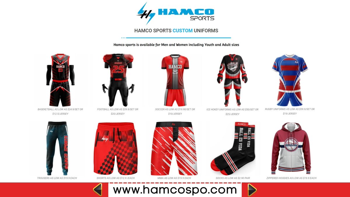 HAMCO SPORTS - Worlds No.1 Custom Uniforms Store
hamcospo.com

🏆Lowest prices guaranteed
🔥Every sport available plus 100% customized design
🌎Fastest 2-3 Weeks turnaround anywhere around the globe

#HamcoSports #CustomUniforms #SportsUniforms #CustomSportsUniforms