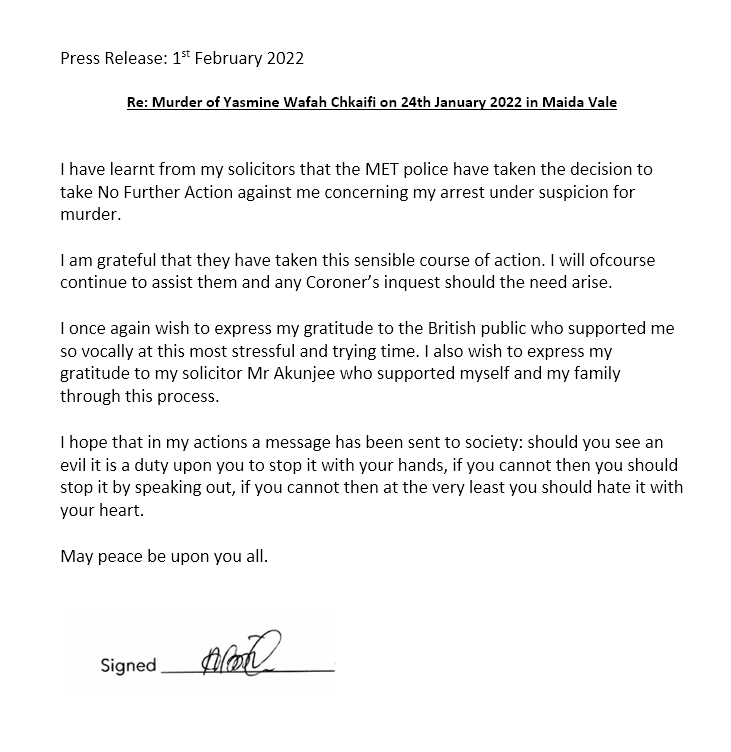 1st February 2022 - Statement for the Press from Abraham re Maida Vale Murder (24.1.22)