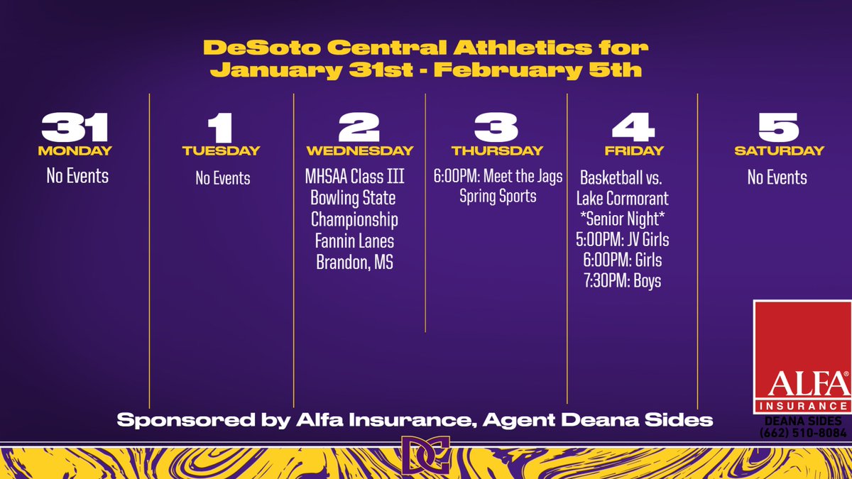 athletics_dc's tweet photo. Check out what's happening this week in DC Athletics. Our Bowling Teams will be #RingChasing tomorrow at Fannin Lanes in Brandon, we have Meet the Jags for Spring Sports Thursday, and Basketball Senior Night Friday!
#GDTBAJ
#PlayOnePlayAll https://t.co/36gzB1FpYs
