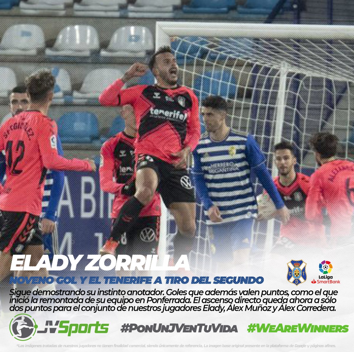 jv_sports's tweet photo. 🔥 Uno de los grandes artilleros de #LaLigaSmartBank es nuestro futbolista @EladyZorrilla 🔝

📈 Ya van 9 goles y además dando puntos a un @CDTOficial que acecha el ascenso directo 💪

#JVSports #PonUnJVenTuVida #WeAreWinners #Elady #CDTenerife https://t.co/82OFOiV5bj