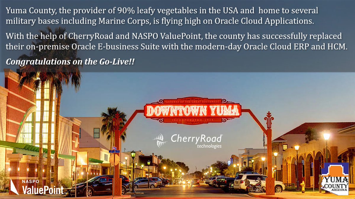 And we did it again! This time for Yuma County, #Arizona through our NASPO ValuePoint Contract.

Congrats on the Go live!

#erp #cloud #stateandlocal