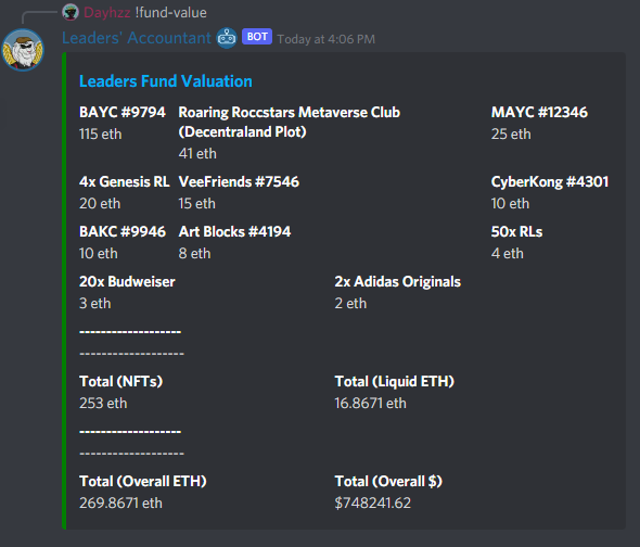 RoaringLeaders's tweet photo. 📈 $750,000 📈

Our Leaders' Fund has just hit a $750,000 valuation! 

Top Holdings:
👉#BAYC 
👉Our Decentraland Plot (Metaverse Club / Casino)
👉 #MAYC
👉 #BAKC
👉 #veefriends 
👉 #CYBERKONGZ 

What other projects should we buy for the fund? 🤔

#NFT #NFTCommunity https://t.co/yj360jcPSI