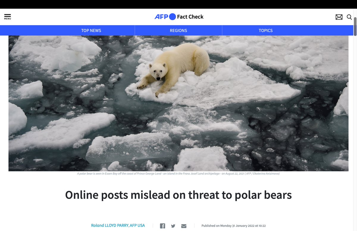 A new article examining the ongoing antics of climate change deniers &amp; polar bears. They still try to confuse with misrepresentation of facts. However, the threat of climate change to polar bears is clearer with every peer-reviewed paper.
factcheck.afp.com/doc.afp.com.9X…