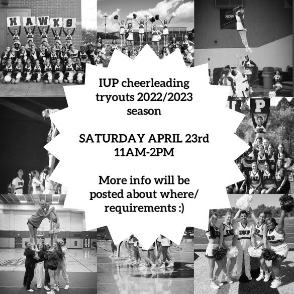 IUPcheerleading's tweet photo. SAVE THE DATE! We will be hosting tryouts for the 22/23 season on Saturday April 23! More info to come very soon! #TalonsUp #IUP 🦅 https://t.co/qHclhwnp08