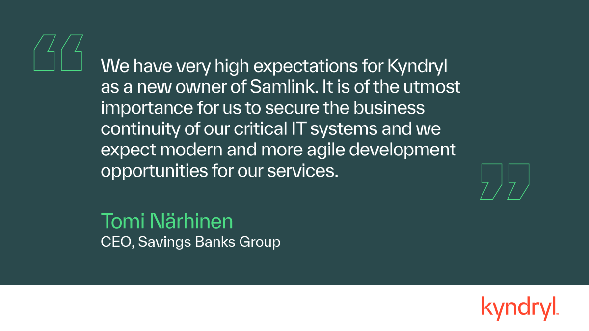 Kyndryl's tweet photo. NEWS: Savings Banks Group in Finland expands agreement with @Kyndryl to accelerate its digital transformation;  following the official approval of Kyndryl’s acquisition of Samlink.

Read more: https://t.co/HxNiFye20n https://t.co/DD6fwbKlIp
