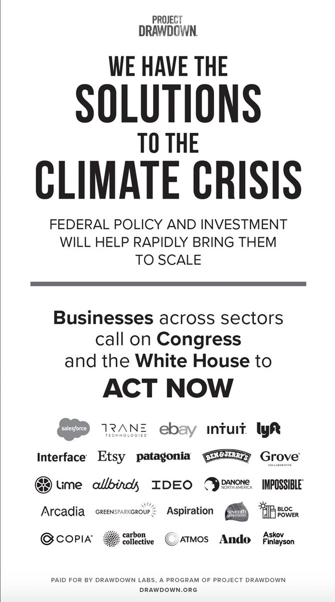 Today, in a full page ad in the @nytimes organized by @ProjectDrawdown, 25 leading businesses across the economy are calling on the federal government to ACT NOW on the climate crisis. We have the solutions—and no time to waste. #ClimateCrisis #ClimateSolutions #ClimateAction