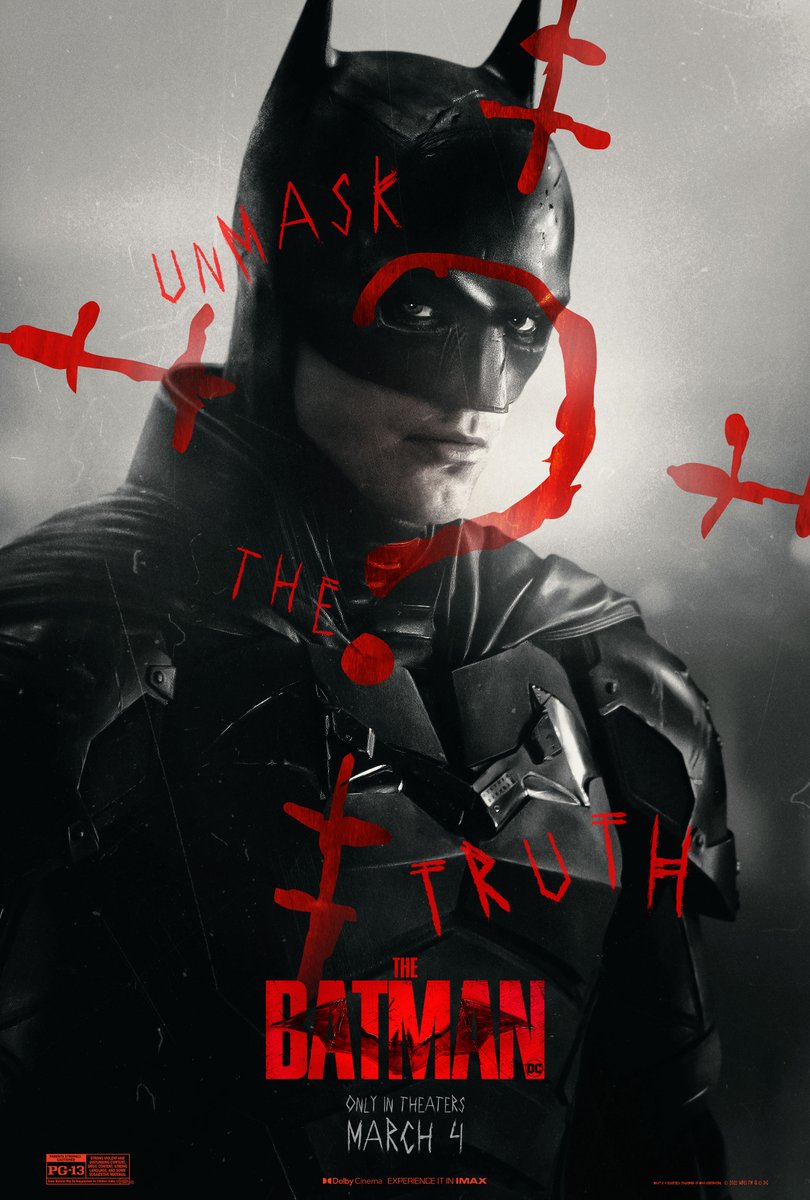 DCOfficial's tweet photo. UNMASK THE TRUTH. @TheBatman, only in theaters March 4. Get tickets starting February 10. #TheBatman https://t.co/W1MsET13mB