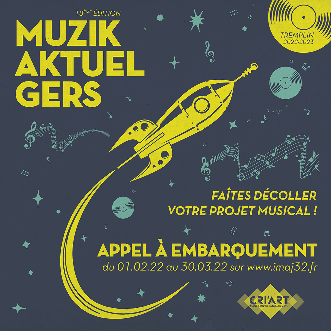 🚀 APPEL À EMBARQUEMENT 🚀 
Les inscriptions pour la 18ème édition du Tremplin Muzikaktuel Gers sont ouvertes !!!
Alors si vous êtes gersois et que voulez faire décoller votre projet musical, n’hésitez pas, inscrivez-vous !
ℹ️ Infos &amp; inscriptions ► imaj32.fr/tremplin.php