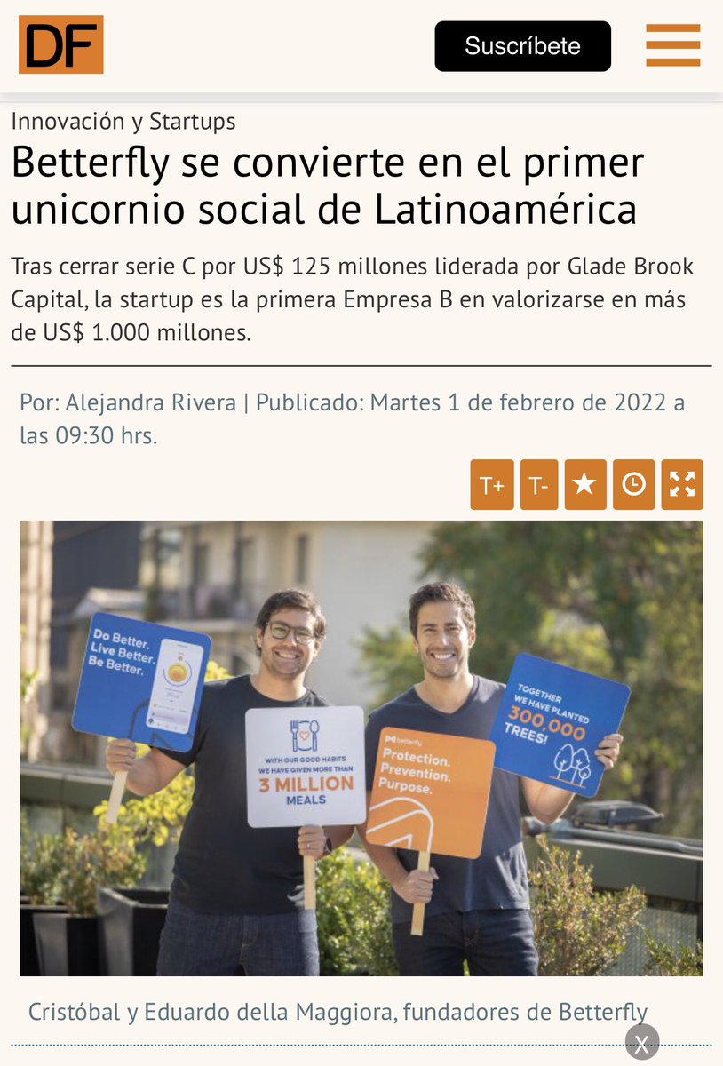 La primera #EmpresaB latinoamericana que se convierte en unicornio es chilena. Felicitaciones <a href="/gobetterfly/">Betterfly</a> por este tremendo hito. Es interesante saber que el hecho de ser #EmpresaB fue determinante en esta ronda de financiamiento. 👏🏼👏🏼👏🏼👏🏼
