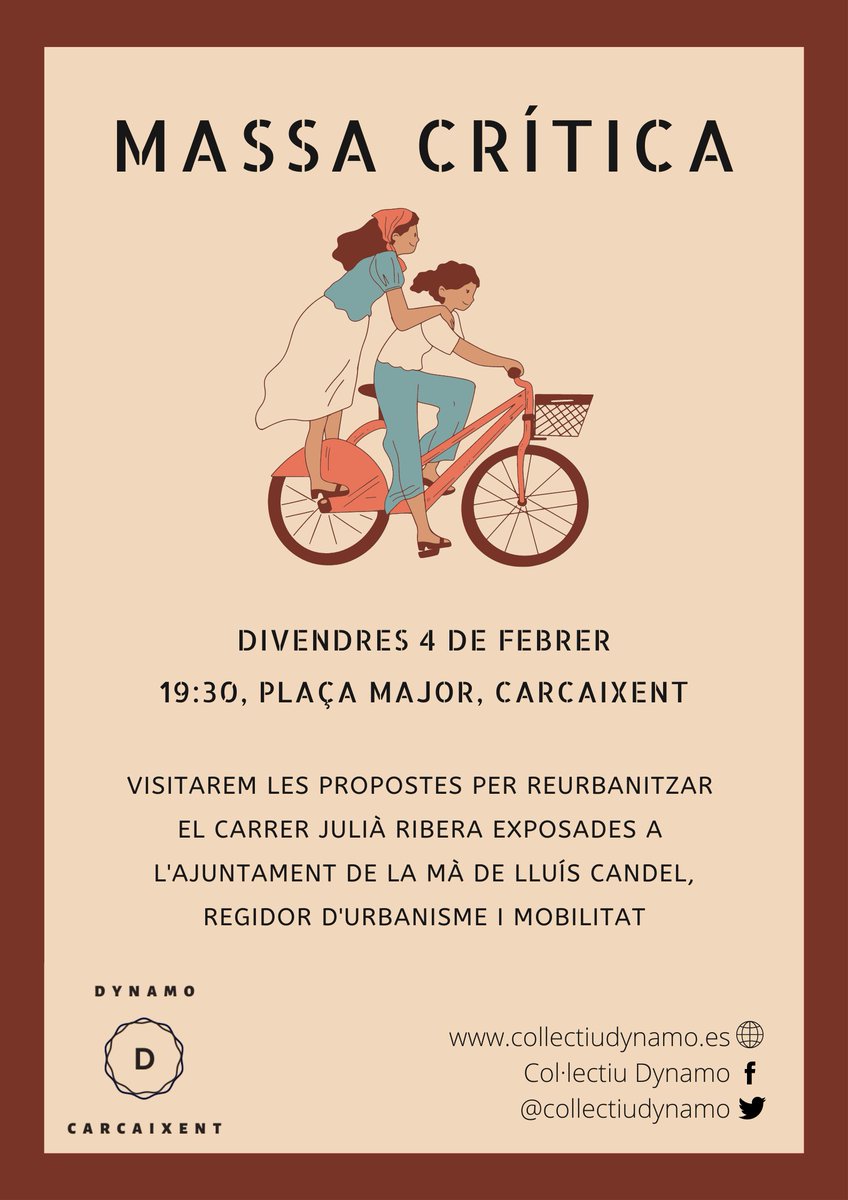 Este divendres tornem als carrers de Carcaixent amb la #MassaCrítica. Serà especial perquè abans visitarem les propostes de reurbanització del carrer Julià Ribera de la mà del regidor d'Urbanisme Lluís Candel. L'entrada serà totalment lliure. I en acabar, a rodar! T'esperem!