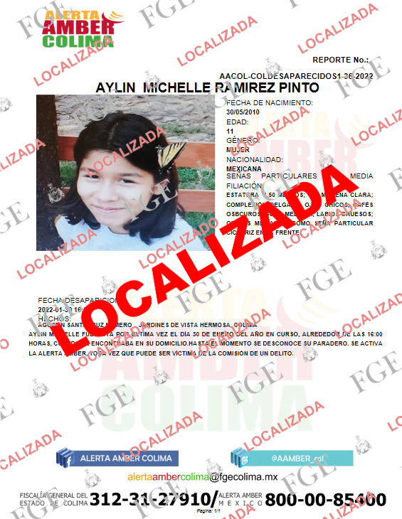 AAMBER_col's tweet photo. Nos es grato informar que ha quedado desactivada la Alerta que se emitió por la desaparición de la menor, AYLIN MICHELLE RAMÍREZ PINTO, debido a que ya fue localizada. https://t.co/bcWUBvxl7T