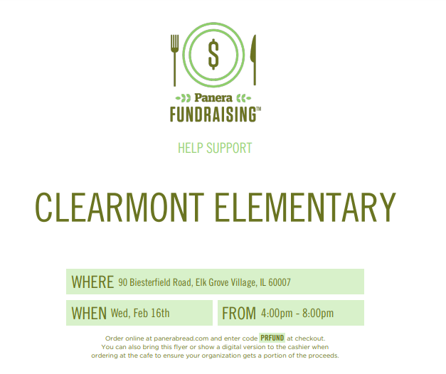 Stop in to Panera on Biesterfield on February 16th from 4:00-8:00 pm and give the code "PRFUND" to help support our PTO!