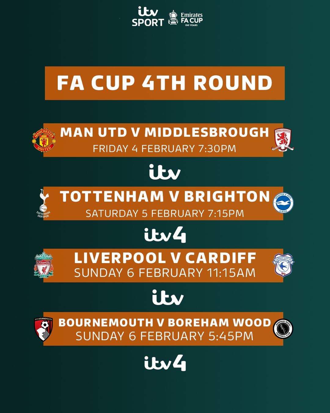 ITV Football on Twitter: "🚨 FA CUP 4TH ROUND LIVE ON @ITV THIS WEEKEND 🚨  Here's a reminder of what we're showing across the @EmiratesFACup this  weekend 🏆⚽️ #ITVFootball https://t.co/EKyjWamVAa" / Twitter