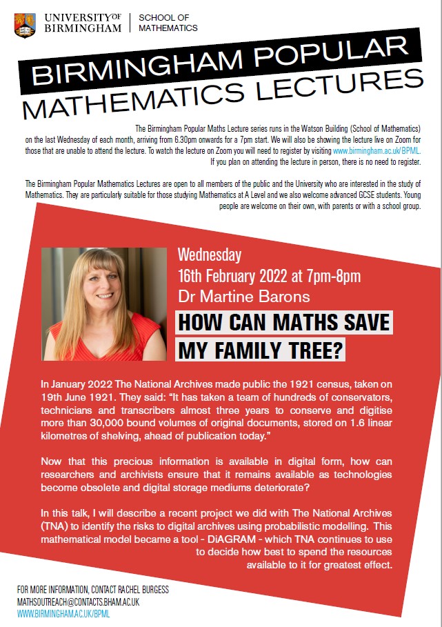 School of Mathematics (@mathsbirmingham) on Twitter photo Join us for the next BPML on Wednesday 16th February at 7pm by <a href="/DrBarons/">Dr Martine J. Barons</a> asking 'How can Maths save my family tree?'. Watch live in the Watson Building on campus or watch on Zoom using this link: bham-ac-uk.zoom.us/webinar/regist… Join us for the next BPML on Wednesday 16th February at 7pm by <a href="/DrBarons/">Dr Martine J. Barons</a> asking 'How can Maths save my family tree?'. Watch live in the Watson Building on campus or watch on Zoom using this link: bham-ac-uk.zoom.us/webinar/regist…