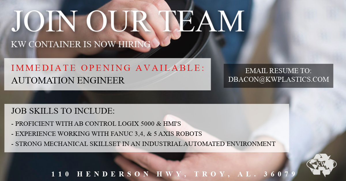 KWContainer's tweet photo. * JOIN OUR TEAM *

KW Container is hiring!

Job Title: Automation Engineer
Location: Troy, Alabama

Please see posted flyer for more information and share with your friends and family. https://t.co/FthJm3E0U8