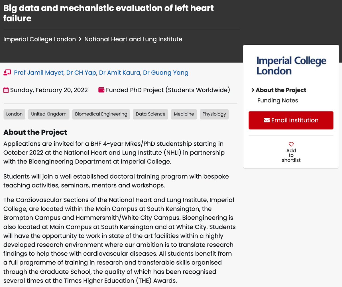 Guang Yang (@gyangmedia) on Twitter photo New PhD post <a href="/imperialcollege/">Imperial College London</a> working on #BigData and mechanistic evaluation of left #HeartFailure
You will be co-supervised by a multidisciplinary team by Prof Jamil Mayet, Dr <a href="/ChoonHwaiYap/">Choon Hwai Yap</a>, Dr <a href="/dr_kaura/">Amit Kaura</a> and myself.
Deadline: Feb 20 2022
findaphd.com/phds/project/b…
#cvd #AI New PhD post <a href="/imperialcollege/">Imperial College London</a> working on #BigData and mechanistic evaluation of left #HeartFailure
You will be co-supervised by a multidisciplinary team by Prof Jamil Mayet, Dr <a href="/ChoonHwaiYap/">Choon Hwai Yap</a>, Dr <a href="/dr_kaura/">Amit Kaura</a> and myself.
Deadline: Feb 20 2022
findaphd.com/phds/project/b…
#cvd #AI