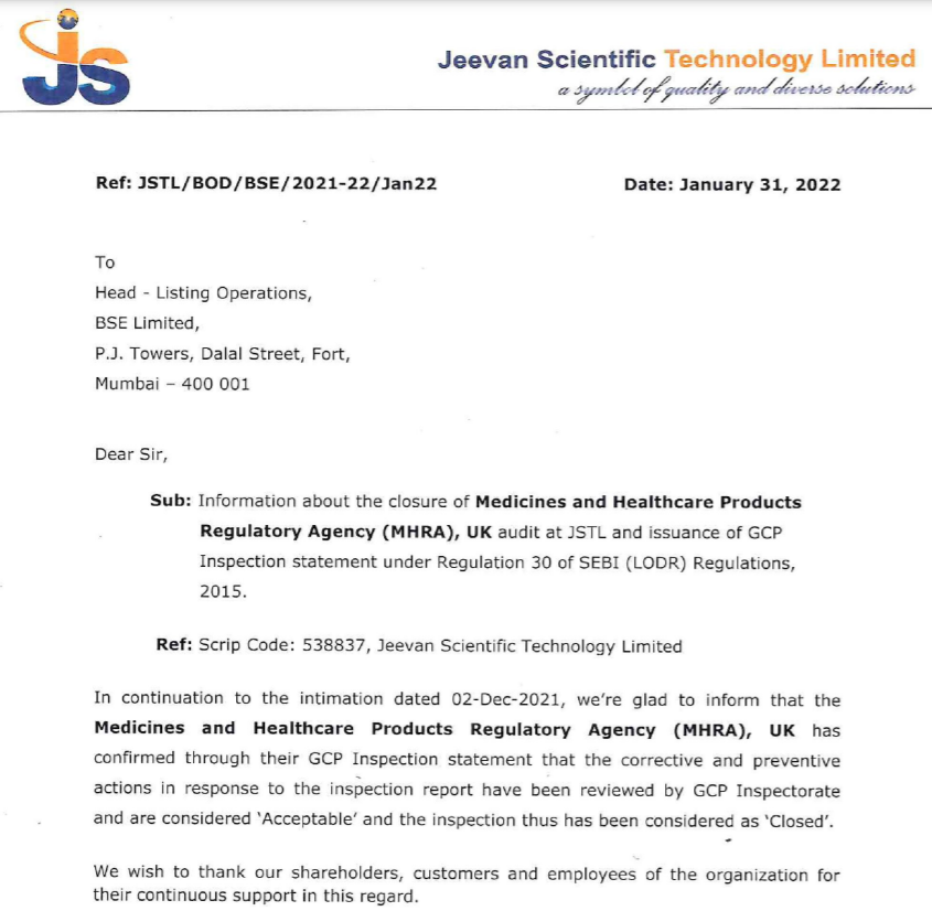 BhartiyNiveshak's tweet photo. 📊#JSTL Medicines and Healthcare Products Regulatory Agency (MHRA), UK has confirmed through their GCP Inspection statement that earlier inspection is considered ‘Acceptable’ and the inspection thus has been considered as ‘Closed’. #R30BNP https://t.co/GW5jh92YcO
