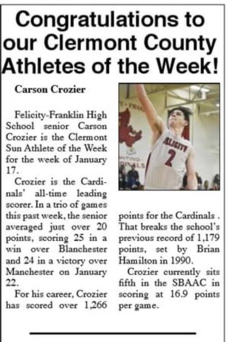 S/O to OCA’s Carson Crozier (<a href="/carson_crozier/">Carson Crozier</a>) on being named the <a href="/ClerSunSports/">Clermont Sun Sports</a> Athlete of the Week for the week of January 17th! He also had a TRIPLE DOUBLE of 32 pts, 12 rbs, &amp; 10 assists against Williamsburg last Tuesday &amp; is the <a href="/FeliCardinals/">Felicity Athletics</a> All-Time Leading Scorer! #SBAAC