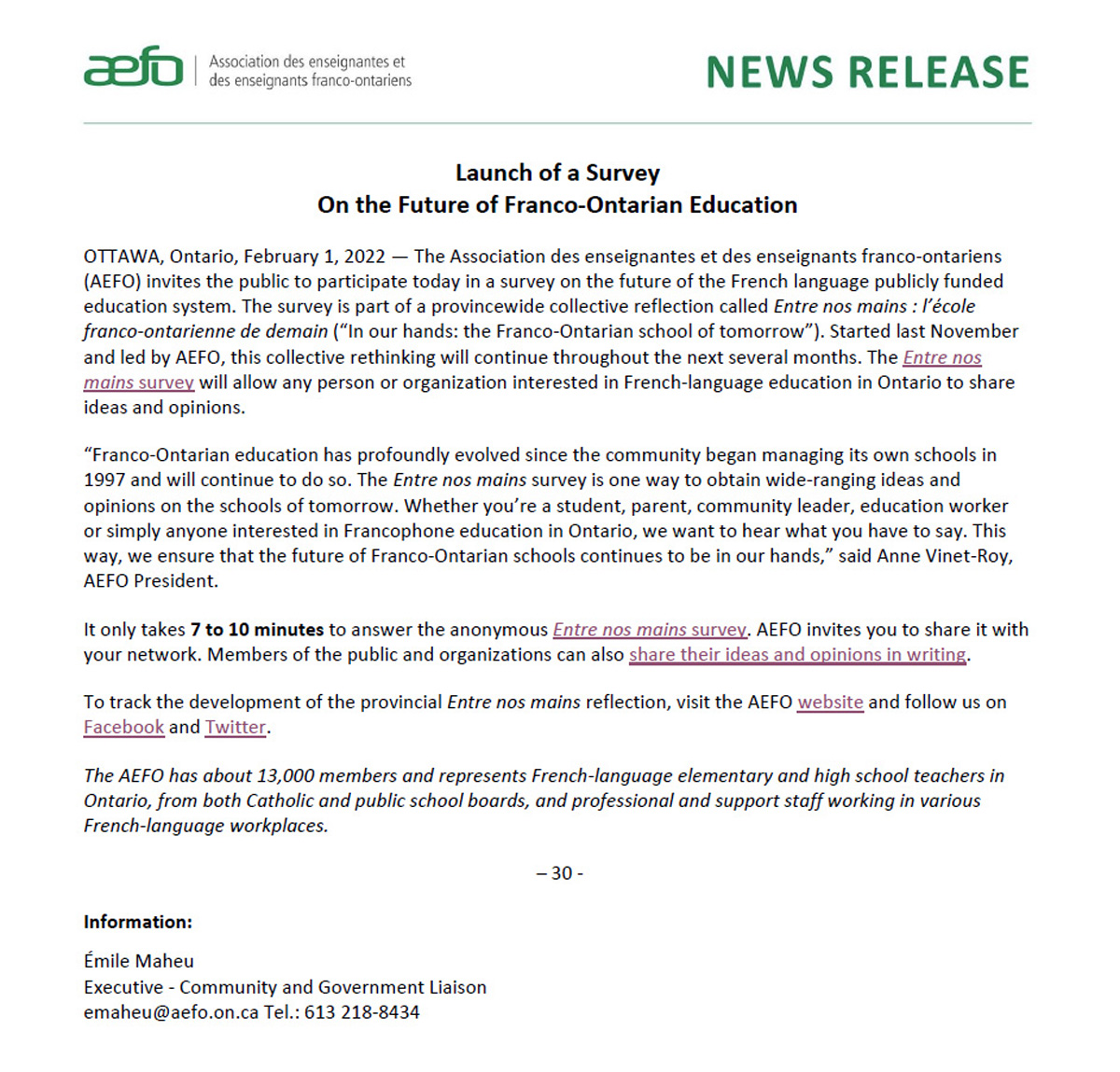 NEWS RELEASE : Launch of a Survey On the Future of Franco-Ontarian Education. 

#ONpoli #onted

News release : ow.ly/KPB650HJueC
Survey : ow.ly/VNJm50HJueE