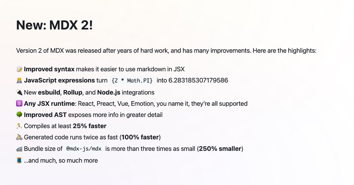 wooorm's tweet image. Super happy to share that MDX 2 was just released. Faster. Smaller. Better. Much improved ⚛️
mdxjs.com/blog/v2/