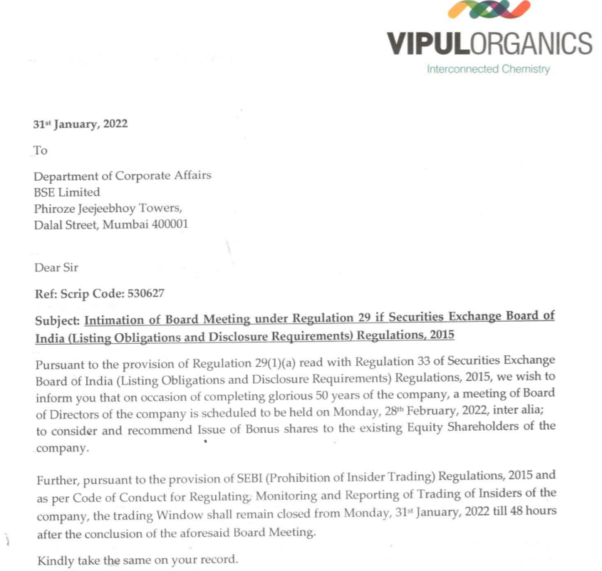 BhartiyNiveshak's tweet photo. π#VIPULORG on completion of 50 years of the company board to consider issue of bonus shares #R30BNP https://t.co/rbPsPBvyr9
