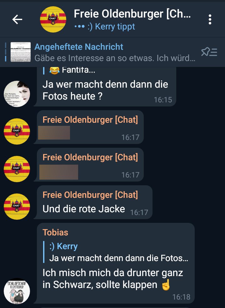 AAbstand's tweet photo. In den letzten Tagen häufen sich Aktivitäten gegen Antifaschist*innen und Pressenvertreter*innen in der Gruppe der "Freien Oldenburger". 
Die Verschwörungsideolog*innen versuchen nun offen Informationen und Namen über und von Gegenprotest und Journalist*innen zu erfahren. 
2/3 !B https://t.co/e1jnoH75sL