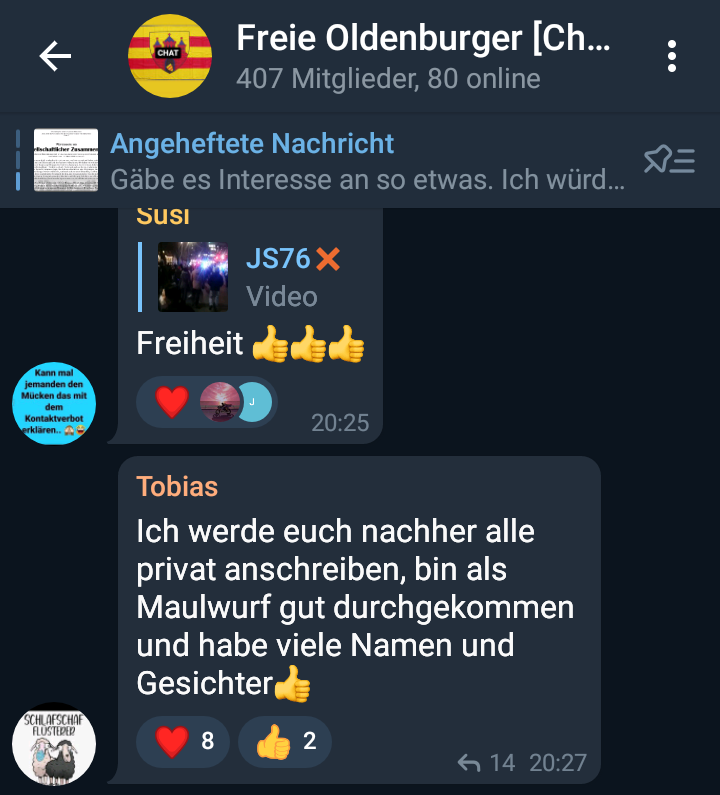 AAbstand's tweet photo. In den letzten Tagen häufen sich Aktivitäten gegen Antifaschist*innen und Pressenvertreter*innen in der Gruppe der "Freien Oldenburger". 
Die Verschwörungsideolog*innen versuchen nun offen Informationen und Namen über und von Gegenprotest und Journalist*innen zu erfahren. 
2/3 !B https://t.co/e1jnoH75sL