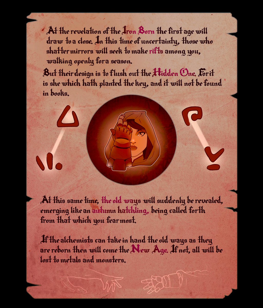 bookofalchemy_'s tweet photo. A first-ever look at a page from the #BookofAlchemy. This is the prophecy of the #IronBorn. In our lore, the book has over 300K pages. Less than 500 contain prophecy. Less than 100 contain inset/illustrated imagery. All pages are written by the #KeeperoftheBook https://t.co/xzhct5eMTK