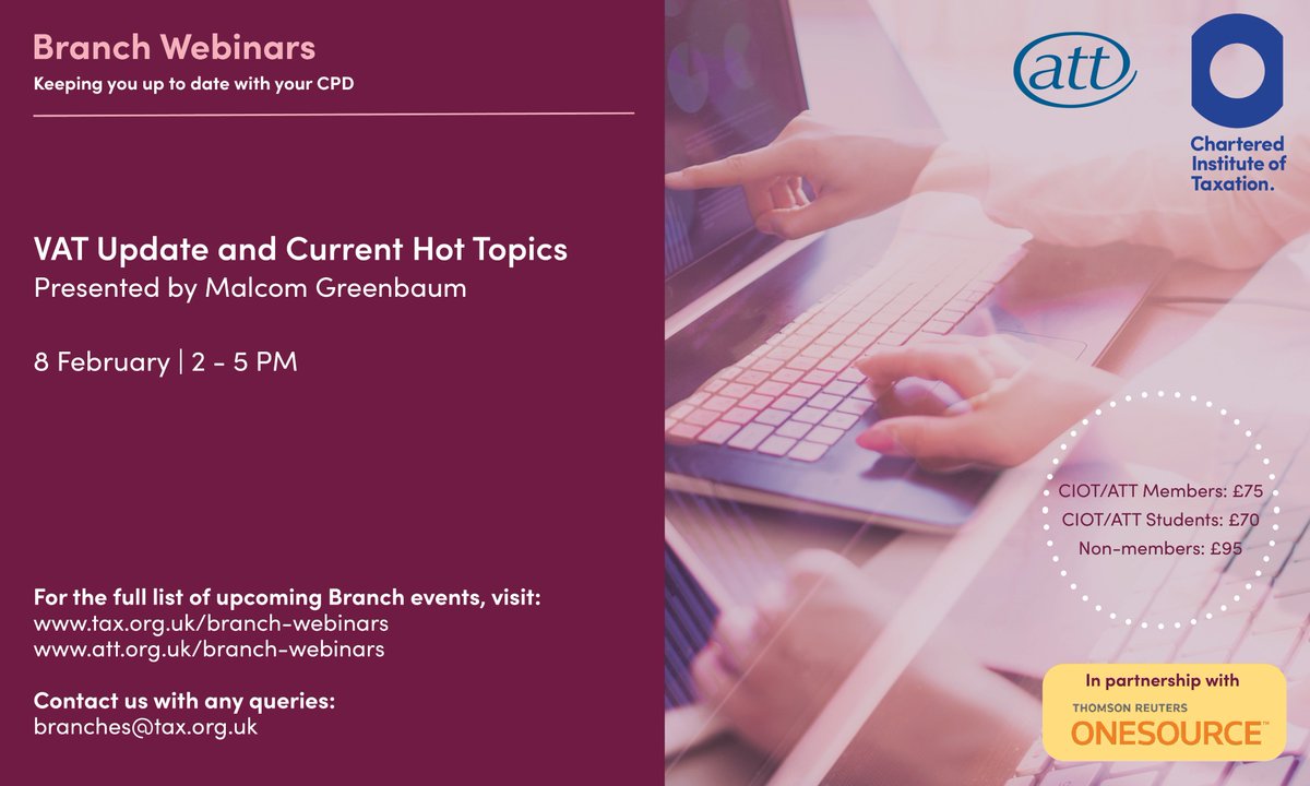 CIOTNews's tweet photo. Join us on 8 February for a #VATupdate with Malcolm Greenbaum
This course will update delegates for recent changes in VAT legislation and the outcomes of recent VAT cases where these could affect a large number of businesses.
π»https://t.co/thmNaWUoWJ https://t.co/ntLl2muciI