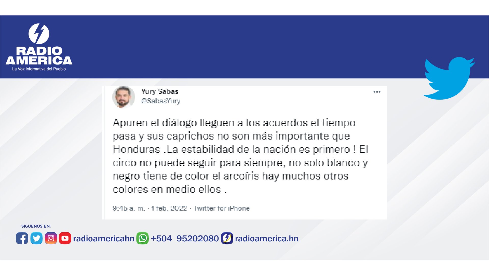 estante Subproducto muy Radio América HN on Twitter: "#AméricaNoticias #Honduras El diputado liberal, Yuri Sabas, insta a líderes políticos apurar el diálogo para llegar a los acuerdos porque asegura que el tiempo pasa y los estante Subproducto muy Radio América HN on Twitter: "#AméricaNoticias #Honduras El diputado liberal, Yuri Sabas, insta a líderes políticos apurar el diálogo para llegar a los acuerdos porque asegura que el tiempo pasa y los