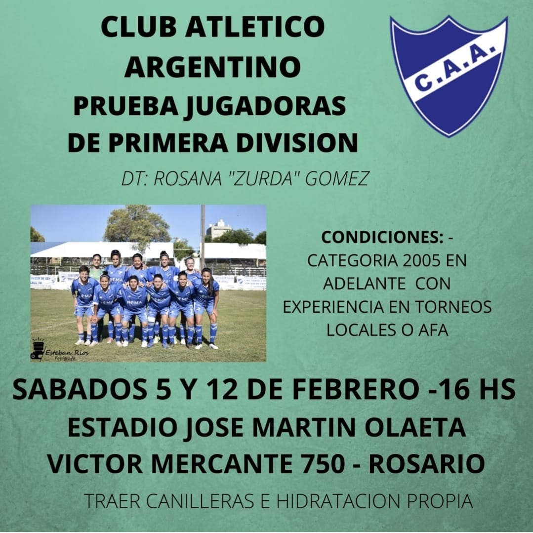 argentinofem's tweet photo. #FutbolFemenino | 🔵⚪⚽ ¡PRUEBA DE JUGADORAS!

¿Te interesa jugar en Argentino? 

👉🏼 Te esperamos los próximos sábados 5 y 12 de febrero a las 16 horas en el Estadio José Martín Olaeta. https://t.co/DFHn2gDi7H