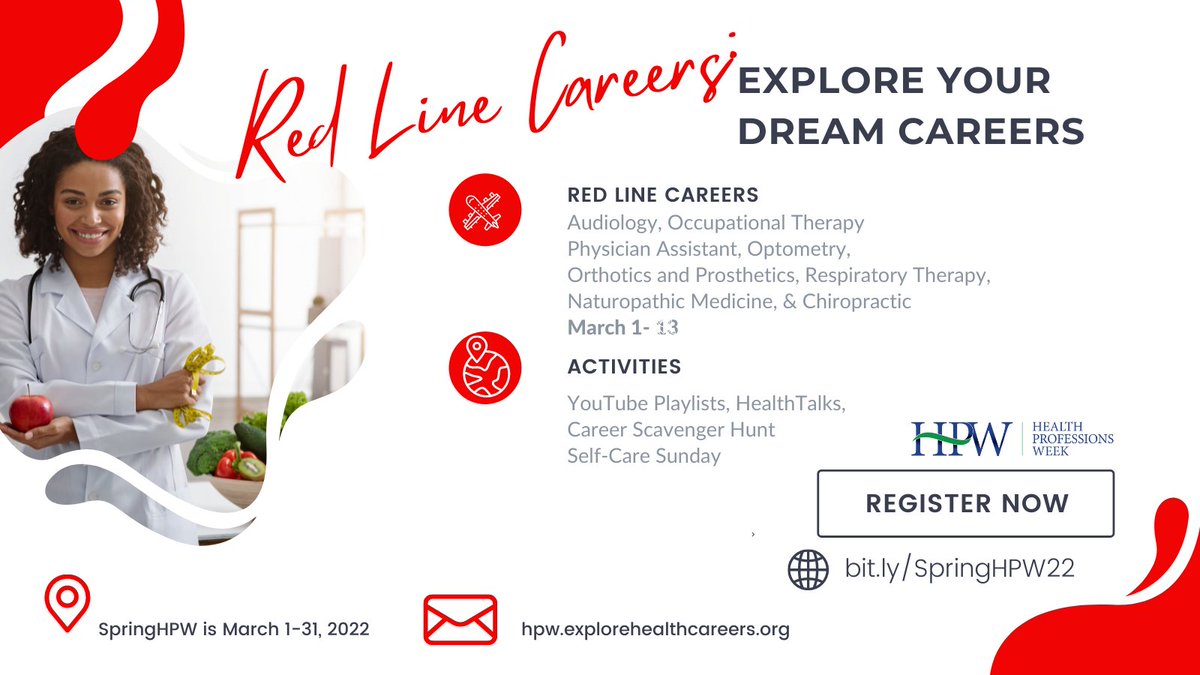 What careers are on our red line in the #scavengerhunt?  Check out: #healthcarecareers #ASHAVoices #chiropratic #prehealth #aanmc #optometriced #oandp #physicianassistantstudent #respiratorytherapist #OccupationalTherapist
Register today to play:  bit.ly/SpringHPW22