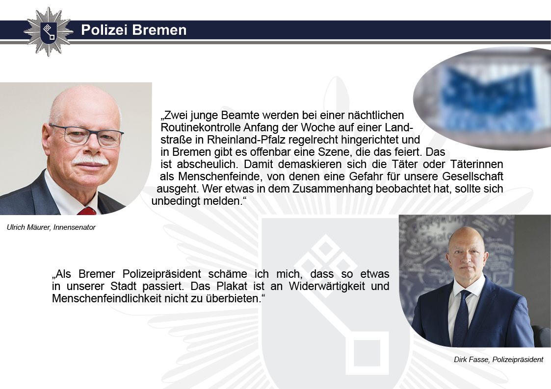 BremenPolizei's tweet photo. Nach dem Mord an zwei Polizisten in #Kusel wurde heute an der Universität #Bremen ein Plakat mit der Aufschrift: "Zwei weniger - ACAB" entdeckt. Einsatzkräfte der #Polizei stellten es sicher.

Pressemitteilung &amp; Statement vom Senator für Inneres: https://t.co/L1XEzMRjuY https://t.co/AJNr91GPkJ