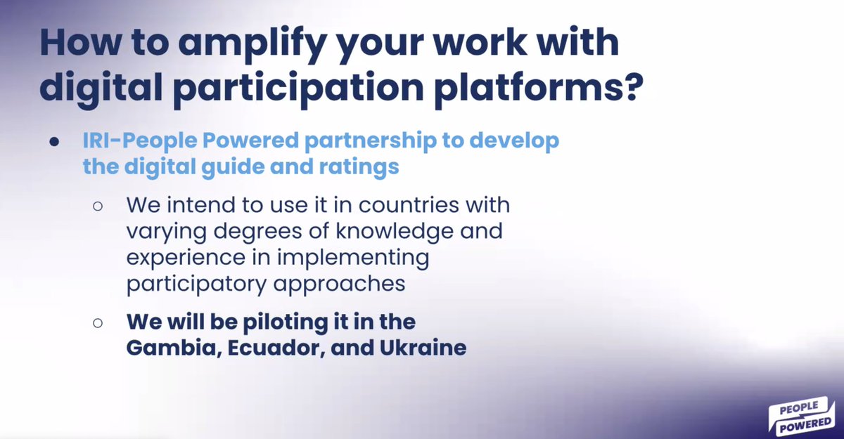 .<a href="/IRIglobal/">International Republican Institute</a> is planning to pilot the use of our new Guide to Digital Participation Platforms in three countries, supplemented by our mentorship program. How can you get involved? Get in touch! peoplepowered.org/digital-partic…