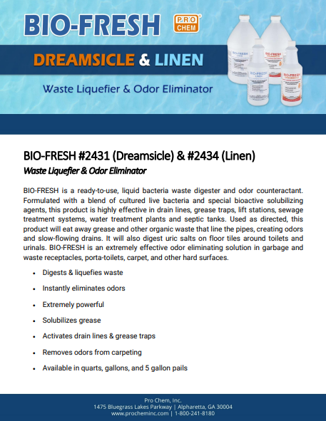 ProChemInc's tweet photo. Freshen up drain lines with BIO FRESH! Highly effective at eating away grease and other organic waste that line pipes, creating odors and slow-flowing drains. Extremely powerful, will instantly eliminate odors. Available in Linen &amp; Dreamsicle. Call your Pro Chem rep for more info https://t.co/WjEsAq4WDc