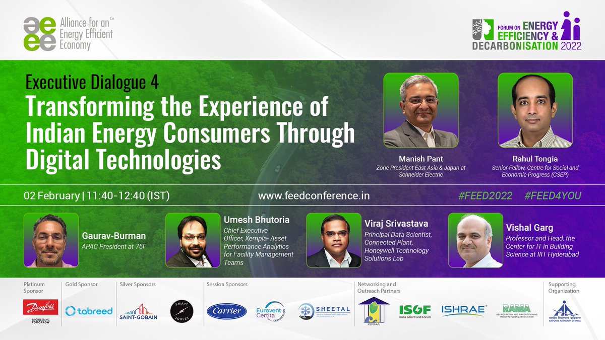 AEEE_India's tweet photo. #FEED4YOU
🔴Executive Dialogue 4
Digitalisation is an integral part of the ensuing #energy transition & decarbonisation. Join us as we explore synergies b/w digitalisation of energy systems & consumer expectations on the value addition of digitalisation. https://t.co/jfoPojagoz