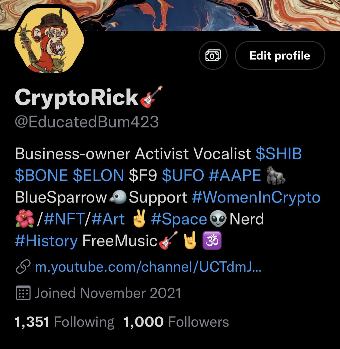 CryptoRick423's tweet photo. 1,000 followers in 3 months grown organically. 🤙🏻#TwitterNerd 😏😜 Thanks everyone! 🙏 https://t.co/FH8cU6WAeM