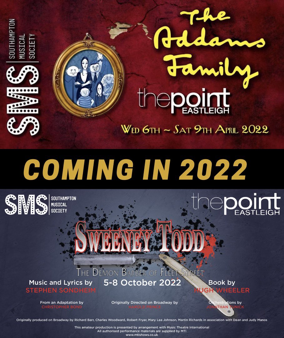 Two great showing coming your way in 2022! We are very proud to present The Addams Family and Sweeney Todd this year … Make sure your following our social media challenges for all the latest ticket news 🎟 #Southampton #MusicalTheatre #Stage #WhatsOn