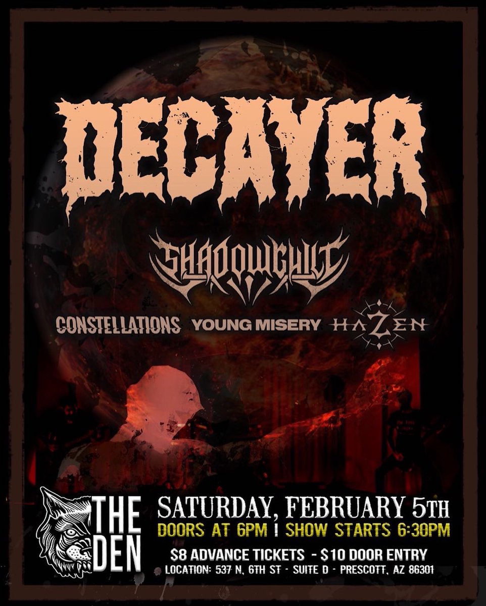 ConstellationAz's tweet image. This Saturday we’re playing at one of the coolest venues in AZ @TheDenPrescott. Tickets are $10 at the door. Don’t miss out on this insane lineup!