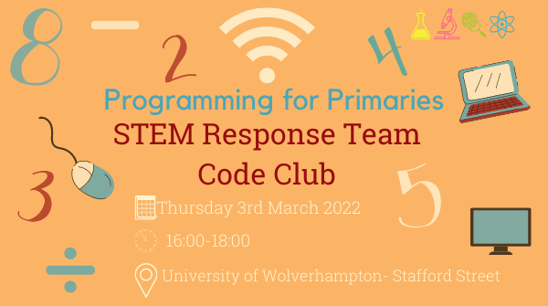 STEMResponseWLV's tweet image. Come and celebrate #ProgrammingForPrimaries with the STEM Response Team 👩💻💻⌨️
Our workshop is for Key Stage 2 students and their families. Places are limited, so book your FREE tickets today 👇
eventbrite.co.uk/e/programming-…
#programming #STEM #coding 
@AspiretoHE @wlv_uni