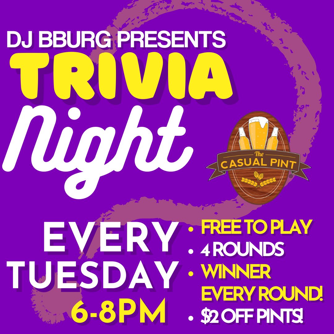 It's tRiVia NiGhT!!! Can't wait to see you all for a fun night of mind boggling questions, free prizes, and $2 off pints at <a href="/cprivergate/">Casual Pint Rivergate</a>! See you at 6pm!