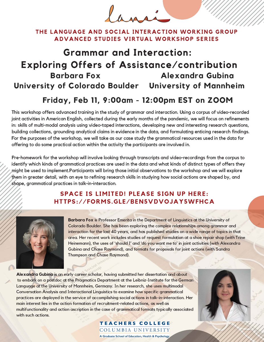 lansi_tc's tweet image. Want more advanced training in grammar and interaction? Barbara Fox and Alex Gubina are here to help! Looking forward to pre-workshop assignments and discussions of observations 😄. Join us on Feb 11! forms.gle/Ben5VdVojAY5wf… #lansivirtuallectureseries @lsi_nca @ICA_Language