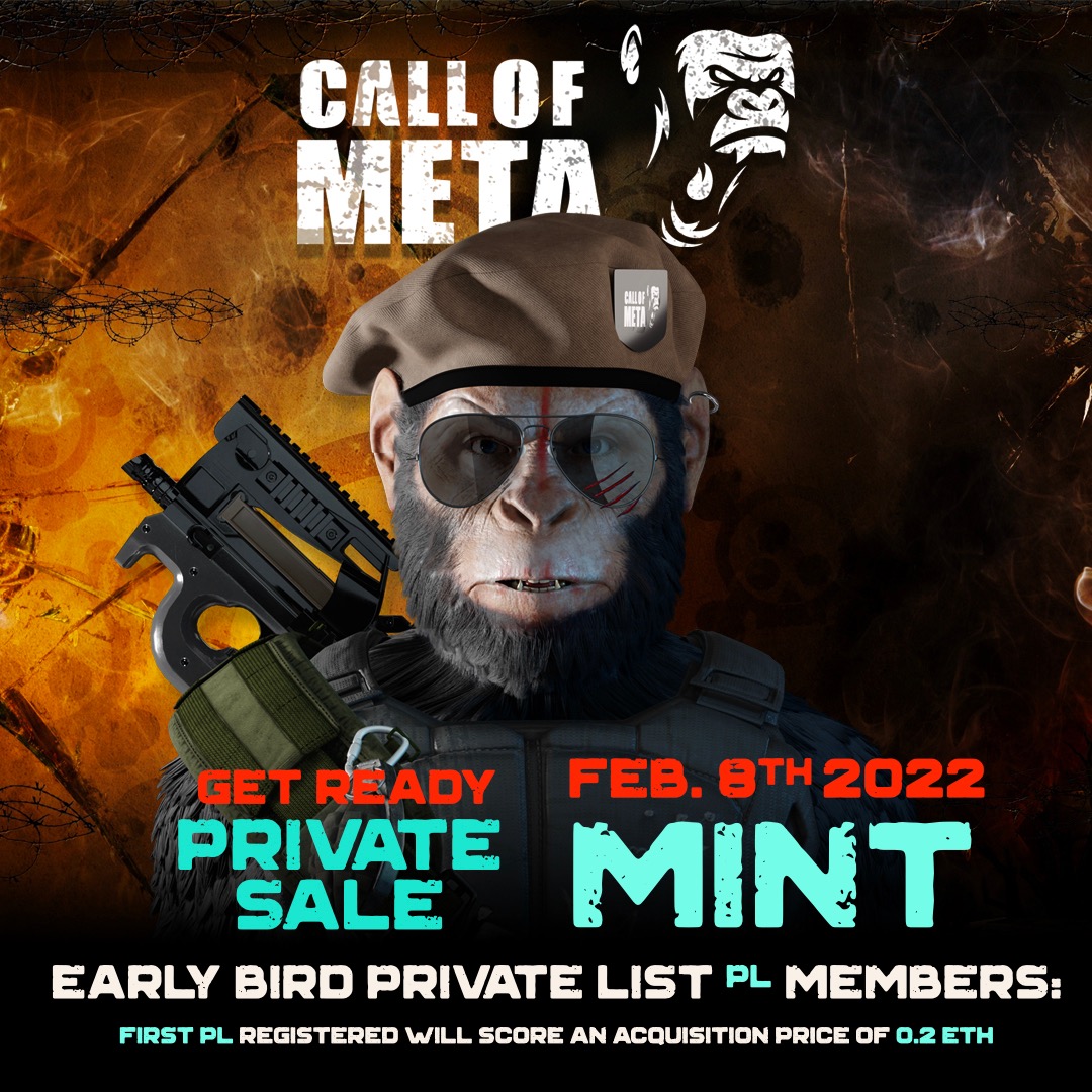 📣 We can’t wait for you to fight with your fearless ape #NFT from The Blasters collection. 

Get ready for the only one private sale : 
⏰ February 8th 
⛓ Mint price:  0.2 #ETH

⚔️ See you on the battlefield!
Call-of-meta.io

#NFTdrop #eth #NFTCommunity