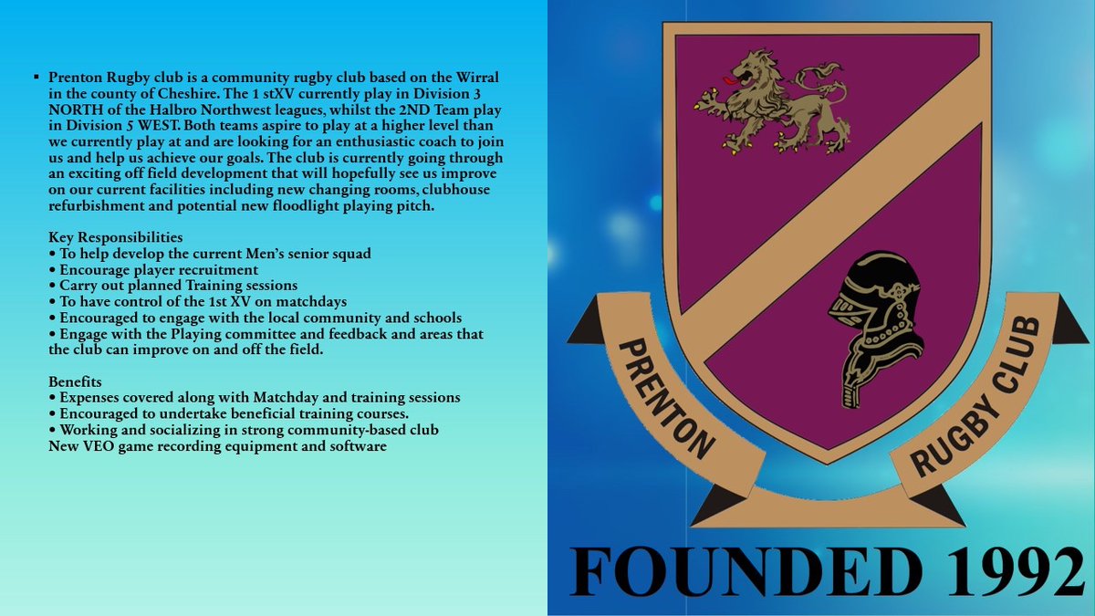 PrentonRUFC's tweet photo. NEW COACHING OPPORTUNITY
👇🏻👇🏻👇🏻🏉🏉🏉 
Please share and RT @rugbyblindside @fyb_rugby @rugbyvacancies @RFUNorthClubSup @CheshireRFUNews @CheshireRugby @Birkenhead_DoS https://t.co/GyYHaUGljA